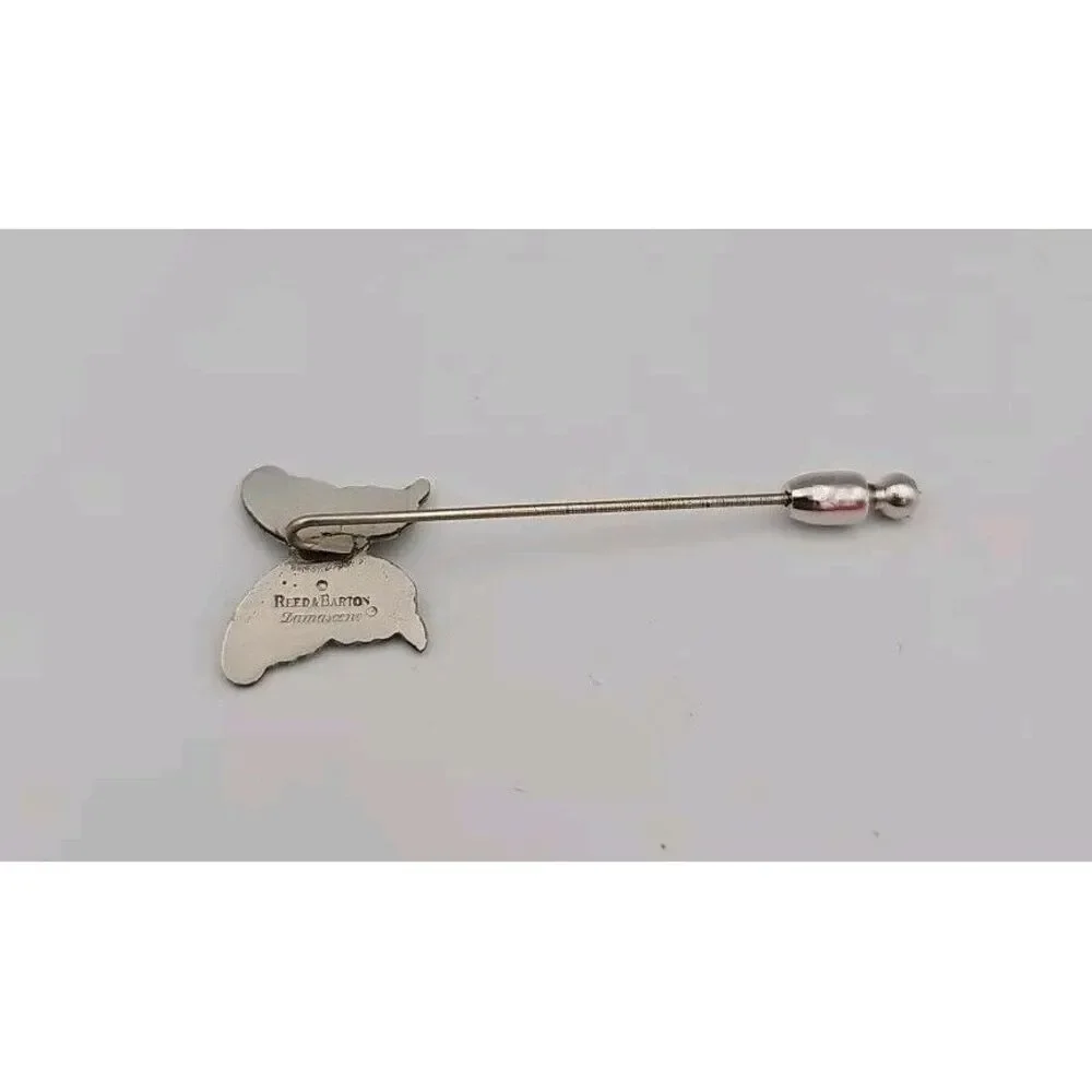 Vintage Reed‎ and Barton Silver Tone Metal Damascene Butterfly Stick Pin Brooch